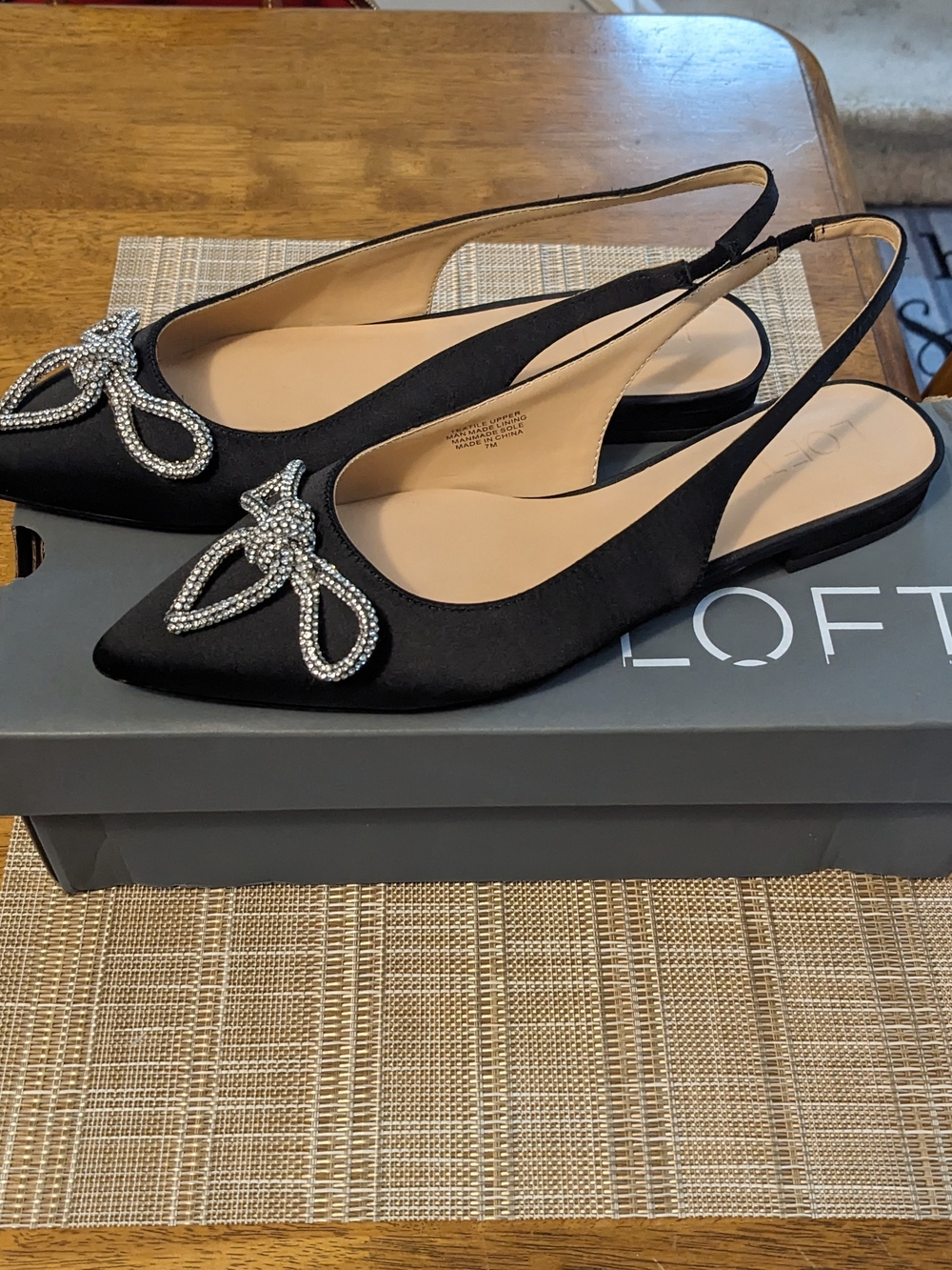 LOFT Black Pointed Toe Slingback Flats with Crystal Bow
